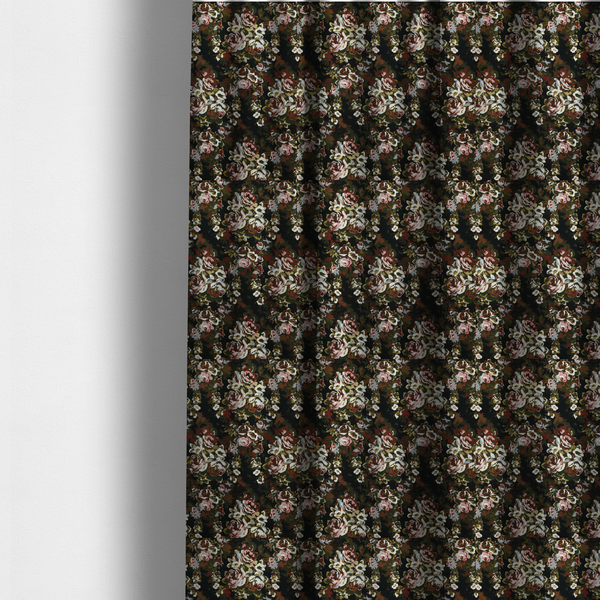 The fabric used to create these made-to-measure curtains is a repeating vintage floral pattern on a dark black and olive green woven fabric background. The pattern features clusters of blooming roses in shades of dusty pink, burgundy, cream, and muted light blue, accompanied by small accent flowers and olive green leaves.   