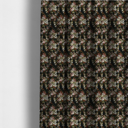 The fabric used to create these made-to-measure curtains is a repeating vintage floral pattern on a dark black and olive green woven fabric background. The pattern features clusters of blooming roses in shades of dusty pink, burgundy, cream, and muted light blue, accompanied by small accent flowers and olive green leaves.   