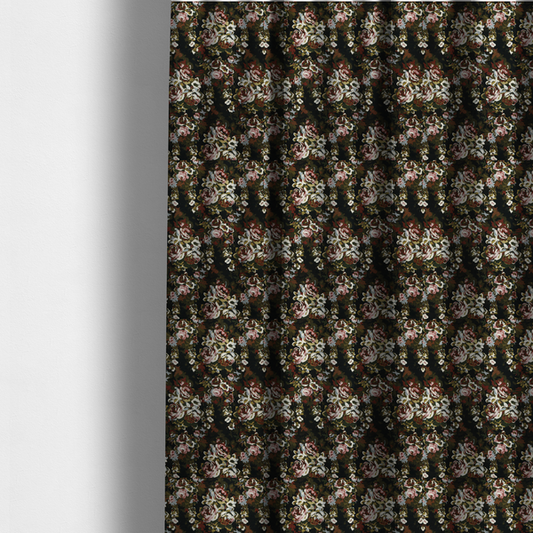 The fabric used to create these made-to-measure curtains is a repeating vintage floral pattern on a dark black and olive green woven fabric background. The pattern features clusters of blooming roses in shades of dusty pink, burgundy, cream, and muted light blue, accompanied by small accent flowers and olive green leaves.   