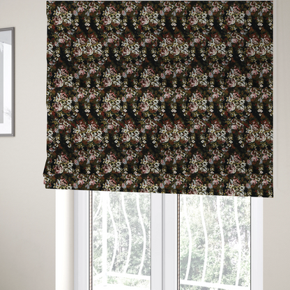 The fabric used to create these Roman blinds is a repeating vintage floral pattern on a dark black and olive green woven fabric background. The pattern features clusters of blooming roses in shades of dusty pink, burgundy, cream, and muted light blue, accompanied by small accent flowers and olive green leaves.   