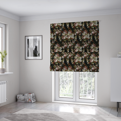 The fabric used to create these Roman blinds is a repeating vintage floral pattern on a dark black and olive green woven fabric background. The pattern features clusters of blooming roses in shades of dusty pink, burgundy, cream, and muted light blue, accompanied by small accent flowers and olive green leaves.   