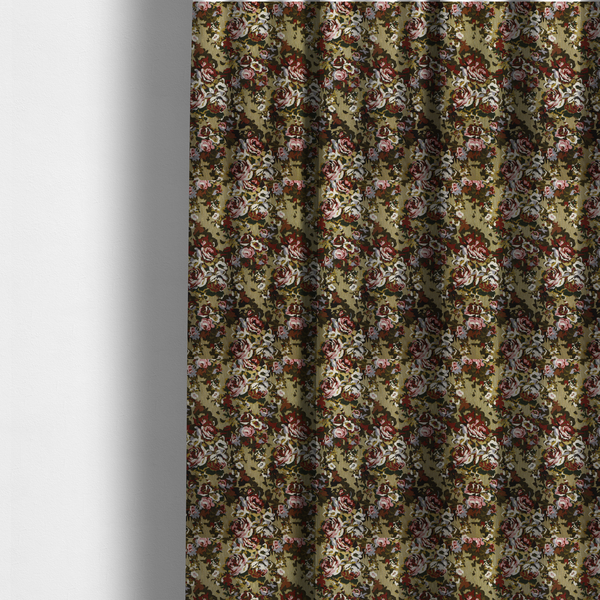 The fabric used to create these made-to-measure curtains is a repeating vintage floral pattern on a warm gold and beige textured woven fabric background. The design features dense clusters of blooming roses in shades of dusty pink, deep red, cream, and muted lavender, surrounded by olive green and dark foliage.   