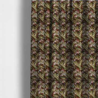 The fabric used to create these made-to-measure curtains is a repeating vintage floral pattern on a warm gold and beige textured woven fabric background. The design features dense clusters of blooming roses in shades of dusty pink, deep red, cream, and muted lavender, surrounded by olive green and dark foliage.   
