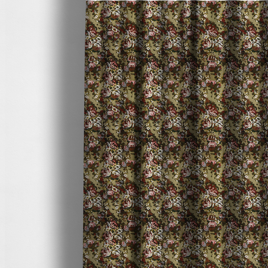 The fabric used to create these made-to-measure curtains is a repeating vintage floral pattern on a warm gold and beige textured woven fabric background. The design features dense clusters of blooming roses in shades of dusty pink, deep red, cream, and muted lavender, surrounded by olive green and dark foliage.   