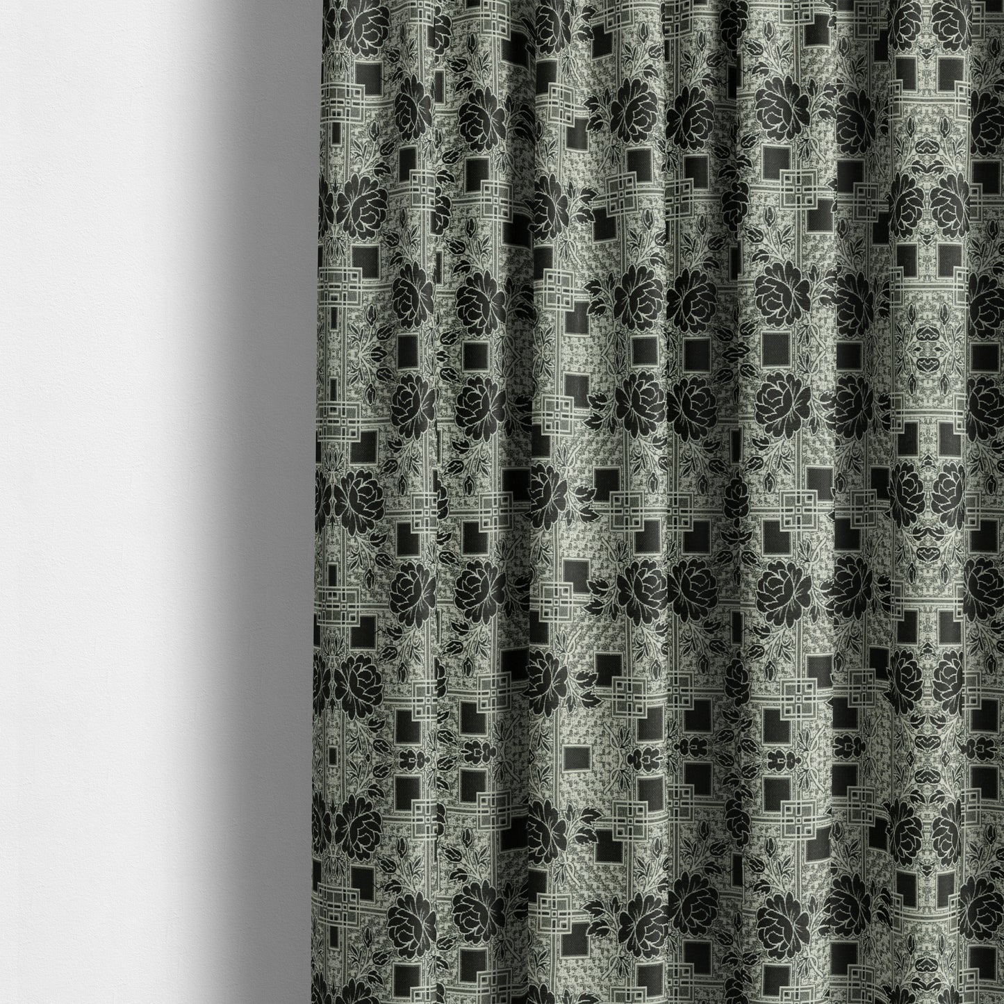 Kenai Glitter Upholstery Furnishing Pattern Fabric Patchwork Floral In Black Silver CTR-584 - Made To Measure Curtains