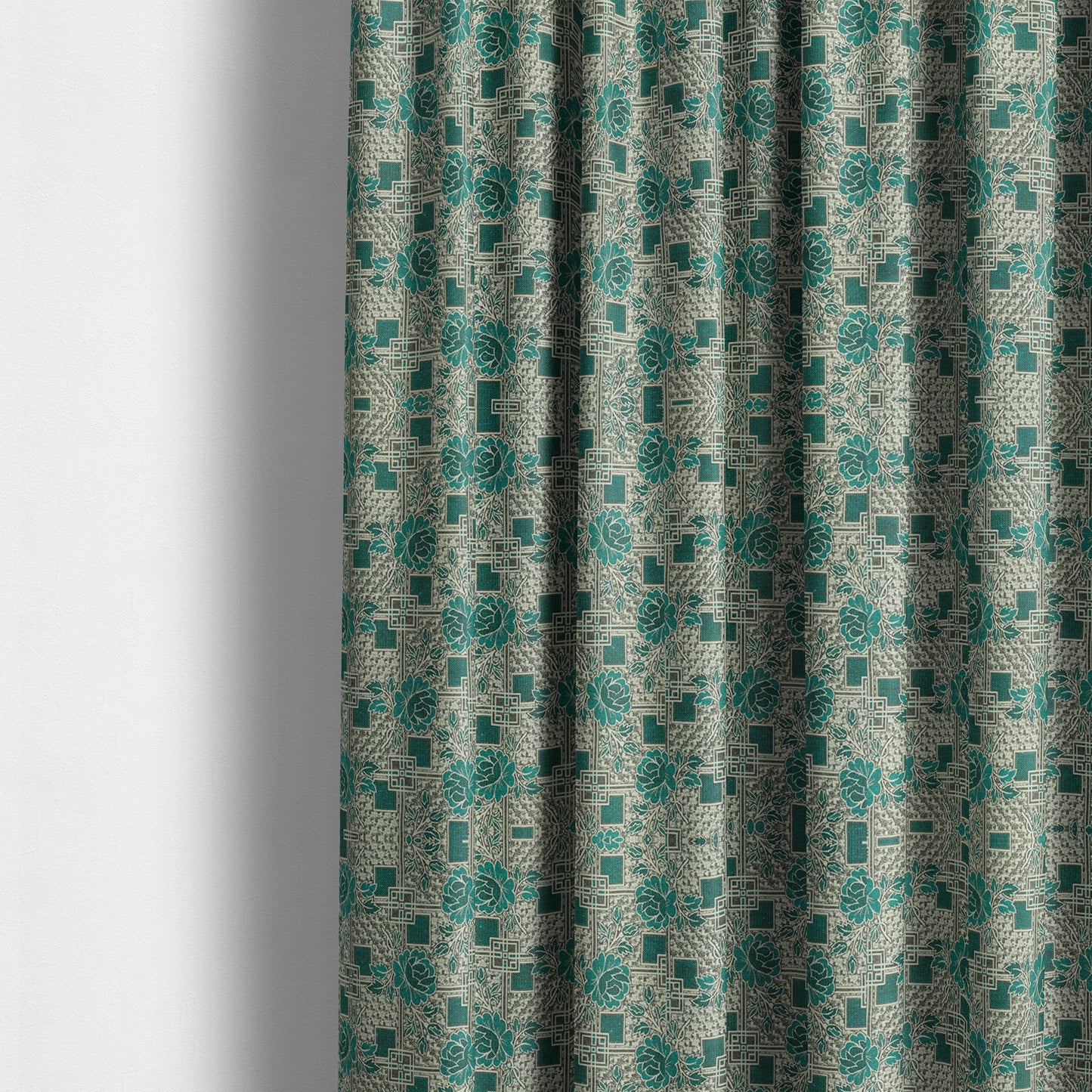 Kenai Glitter Upholstery Furnishing Pattern Fabric Patchwork Floral In Teal Silver CTR-585 - Made To Measure Curtains