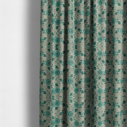 Kenai Glitter Upholstery Furnishing Pattern Fabric Patchwork Floral In Teal Silver CTR-585 - Made To Measure Curtains