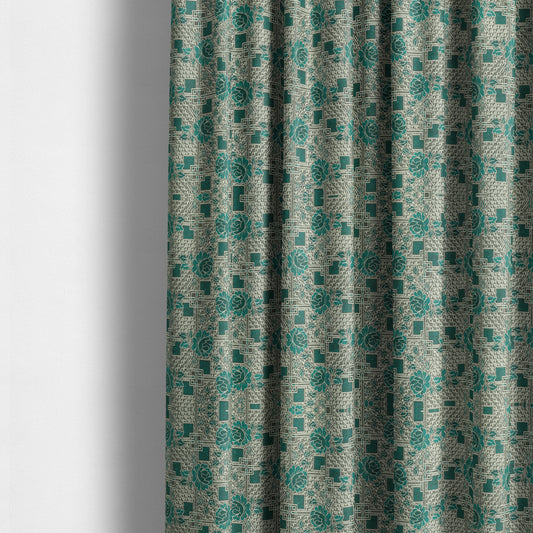 Kenai Glitter Upholstery Furnishing Pattern Fabric Patchwork Floral In Teal Silver CTR-585 - Made To Measure Curtains