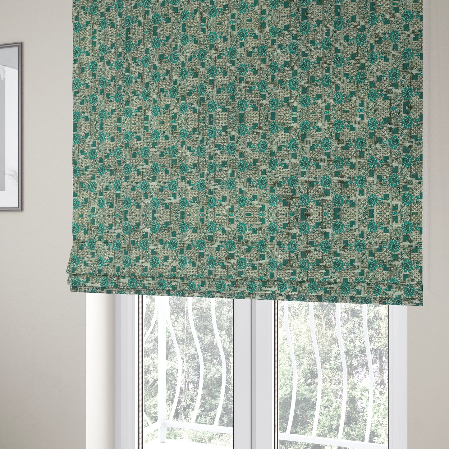 Kenai Glitter Upholstery Furnishing Pattern Fabric Patchwork Floral In Teal Silver CTR-585 - Roman Blinds