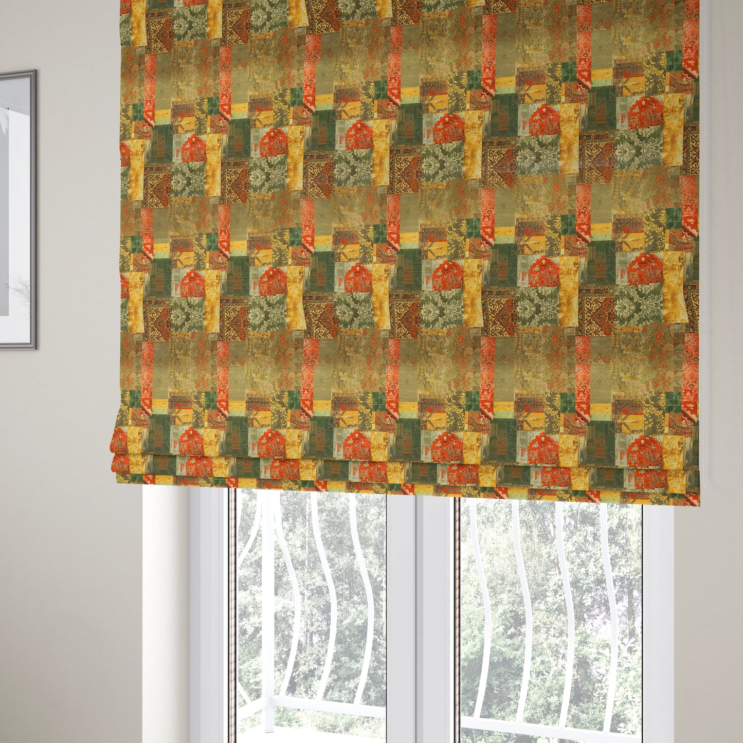 Freedom Printed Velvet Fabric Collection Patchwork Pattern In Bronze Orange Green Colour Upholstery Fabric CTR-59 - Roman Blinds