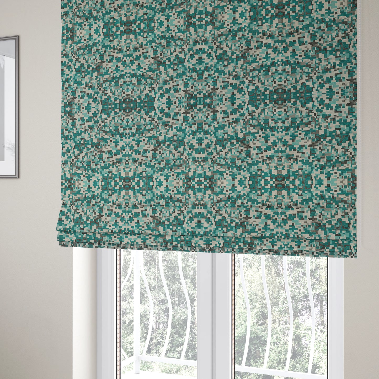 Nome Geometric Pattern Teal Blue Grey Lightweight Upholstery Furnishing Fabrics CTR-598 - Roman Blinds