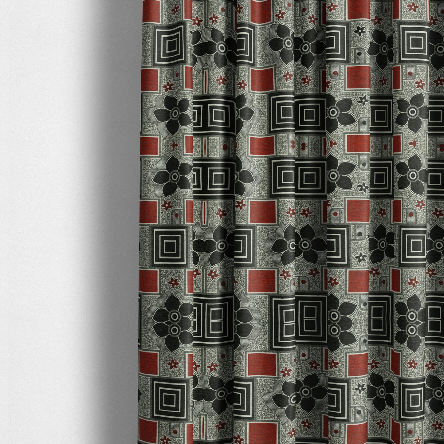 Sitka Modern Upholstery Furnishing Pattern Fabric Floral Patchwork In Red Black Grey CTR-599 - Made To Measure Curtains