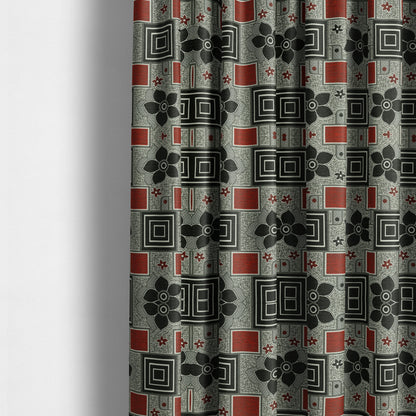 Sitka Modern Upholstery Furnishing Pattern Fabric Floral Patchwork In Red Black Grey CTR-599 - Made To Measure Curtains