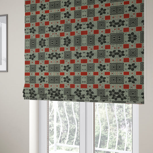 Sitka Modern Upholstery Furnishing Pattern Fabric Floral Patchwork In Red Black Grey CTR-599 - Roman Blinds