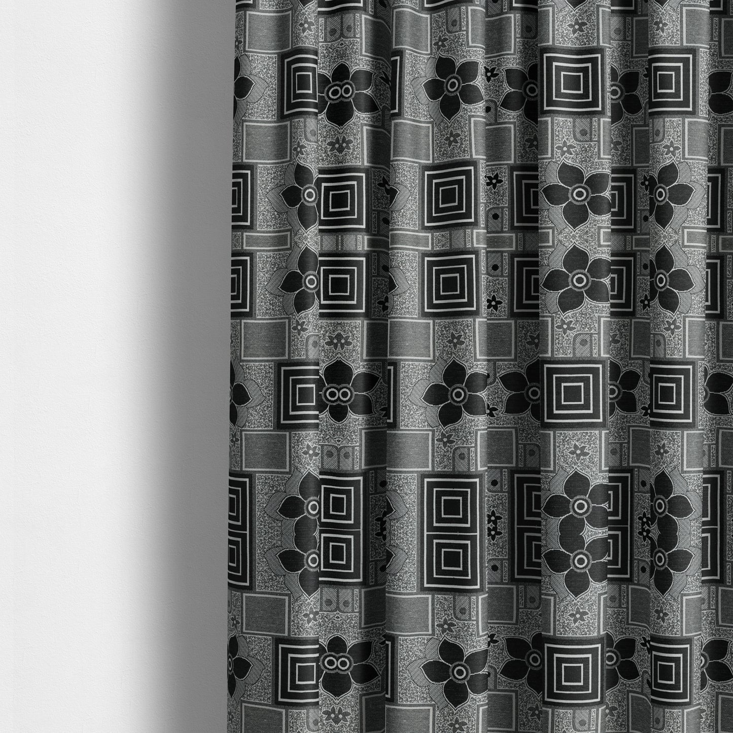 Sitka Modern Upholstery Furnishing Pattern Fabric Floral Patchwork In Black Grey CTR-600 - Made To Measure Curtains