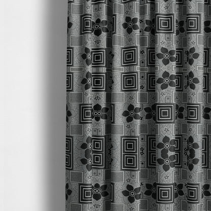 Sitka Modern Upholstery Furnishing Pattern Fabric Floral Patchwork In Black Grey CTR-600 - Made To Measure Curtains