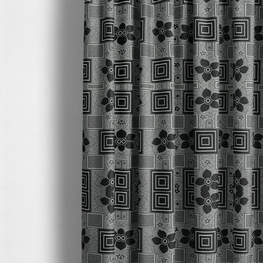 Sitka Modern Upholstery Furnishing Pattern Fabric Floral Patchwork In Black Grey CTR-600 - Made To Measure Curtains