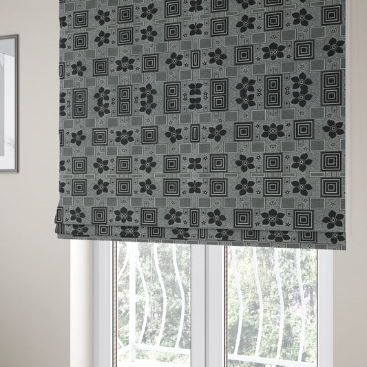 Sitka Modern Upholstery Furnishing Pattern Fabric Floral Patchwork In Black Grey CTR-600 - Roman Blinds