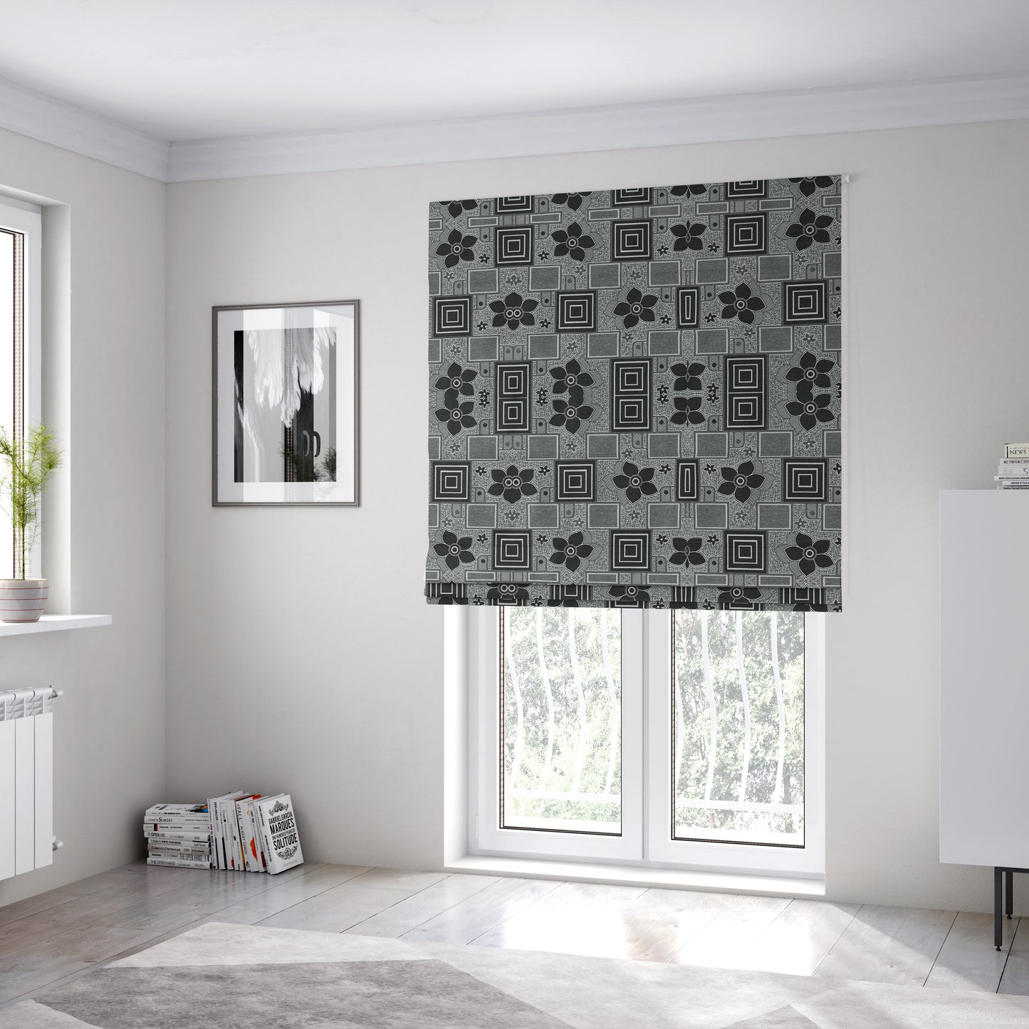 Sitka Modern Upholstery Furnishing Pattern Fabric Floral Patchwork In Black Grey CTR-600 - Roman Blinds