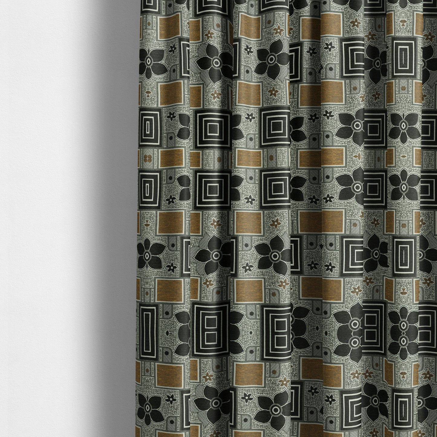 Sitka Modern Upholstery Furnishing Pattern Fabric Floral Patchwork In Yellow Black CTR-602 - Made To Measure Curtains