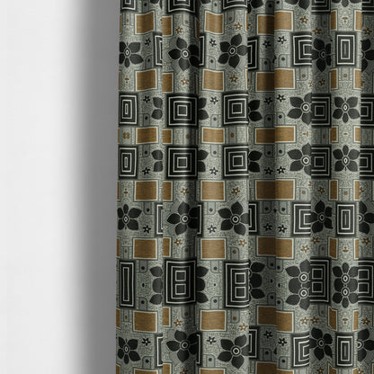 Sitka Modern Upholstery Furnishing Pattern Fabric Floral Patchwork In Yellow Black CTR-602 - Made To Measure Curtains