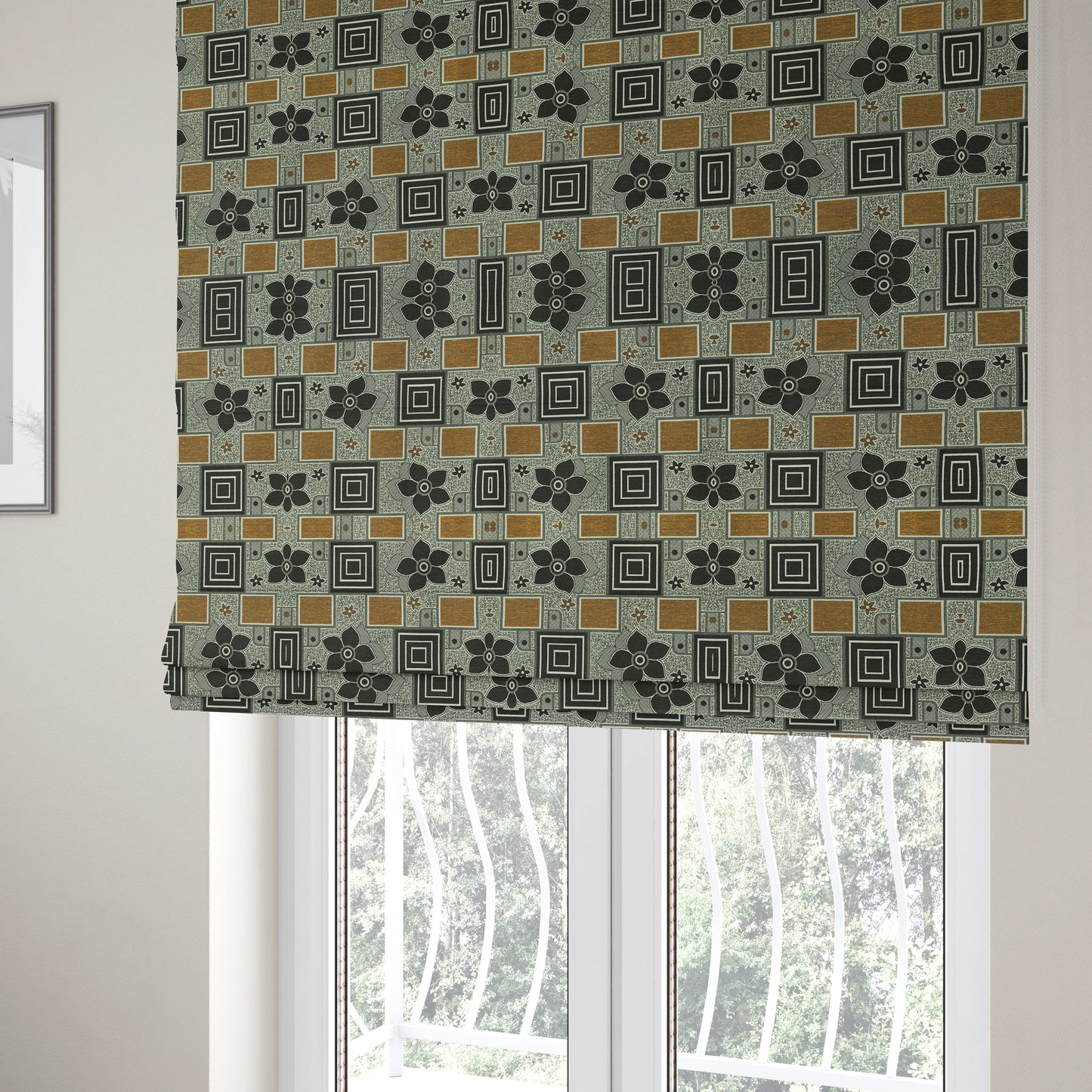 Sitka Modern Upholstery Furnishing Pattern Fabric Floral Patchwork In Yellow Black CTR-602 - Roman Blinds