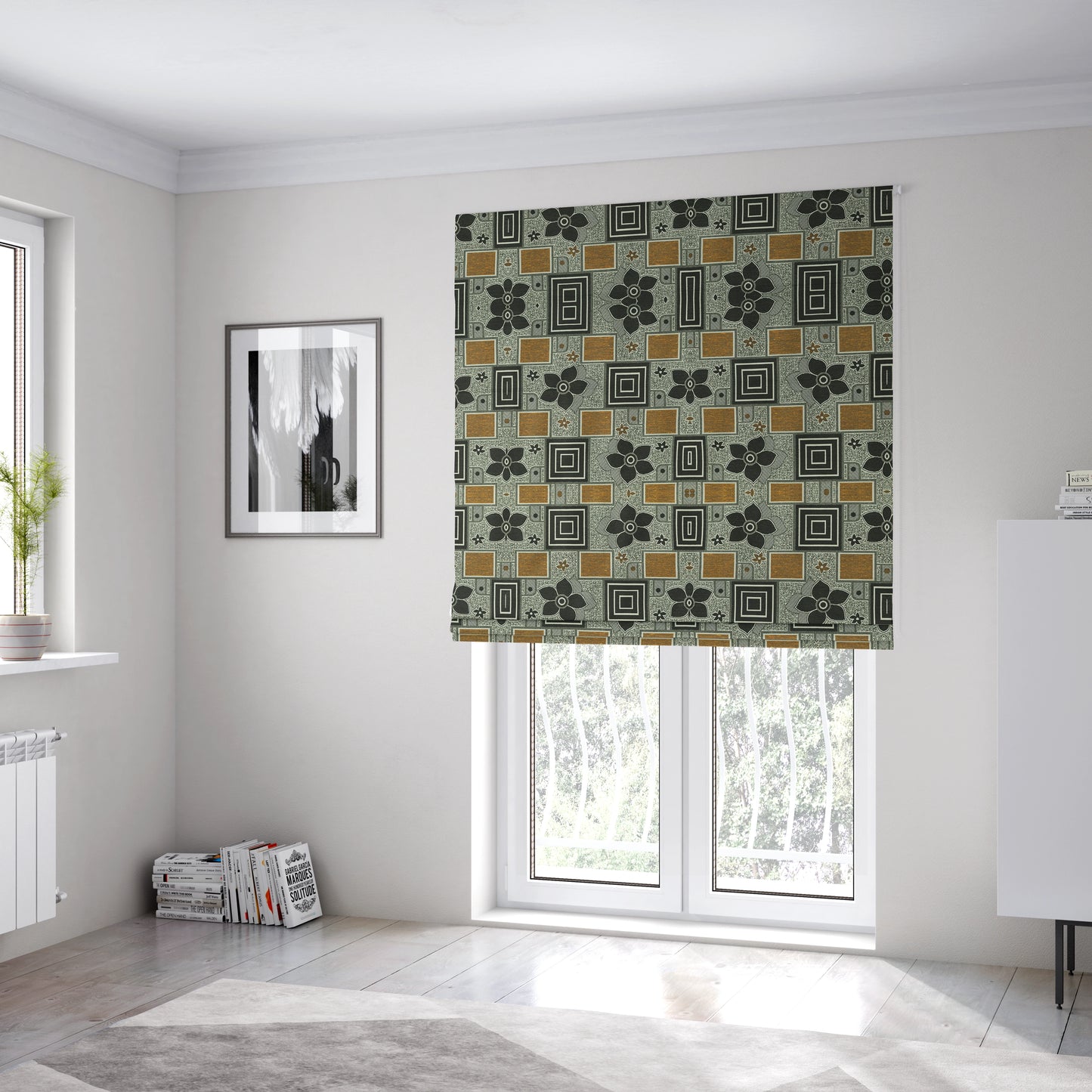 Sitka Modern Upholstery Furnishing Pattern Fabric Floral Patchwork In Yellow Black CTR-602 - Roman Blinds