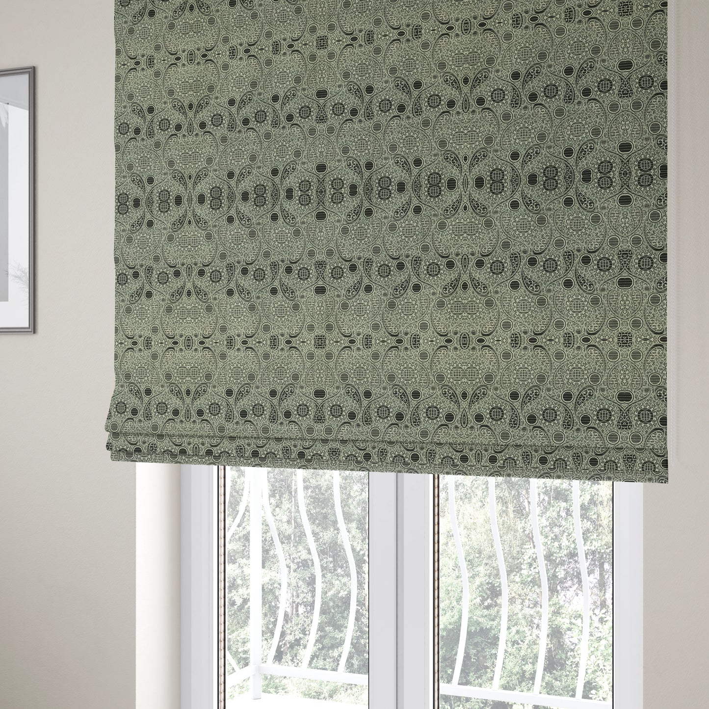 Wasilla Upholstery Furnishing Pattern Fabrics Paisley Damask In Cream Black CTR-604 - Roman Blinds