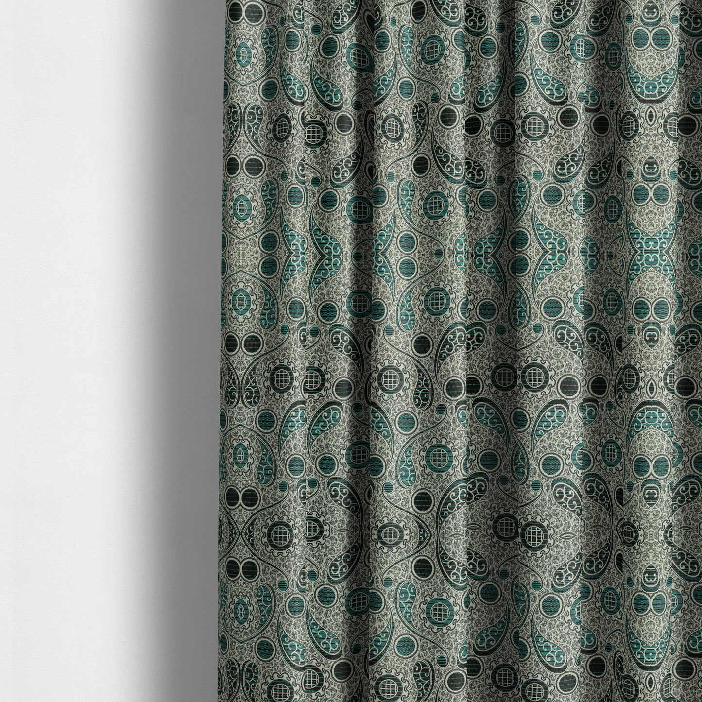 Wasilla Upholstery Furnishing Pattern Fabrics Paisley Damask In Teal Blue Grey CTR-605 - Made To Measure Curtains