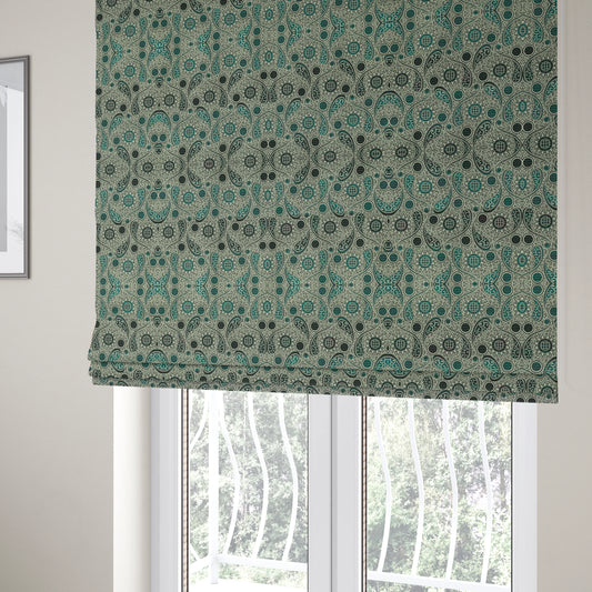 Wasilla Upholstery Furnishing Pattern Fabrics Paisley Damask In Teal Blue Grey CTR-605 - Roman Blinds