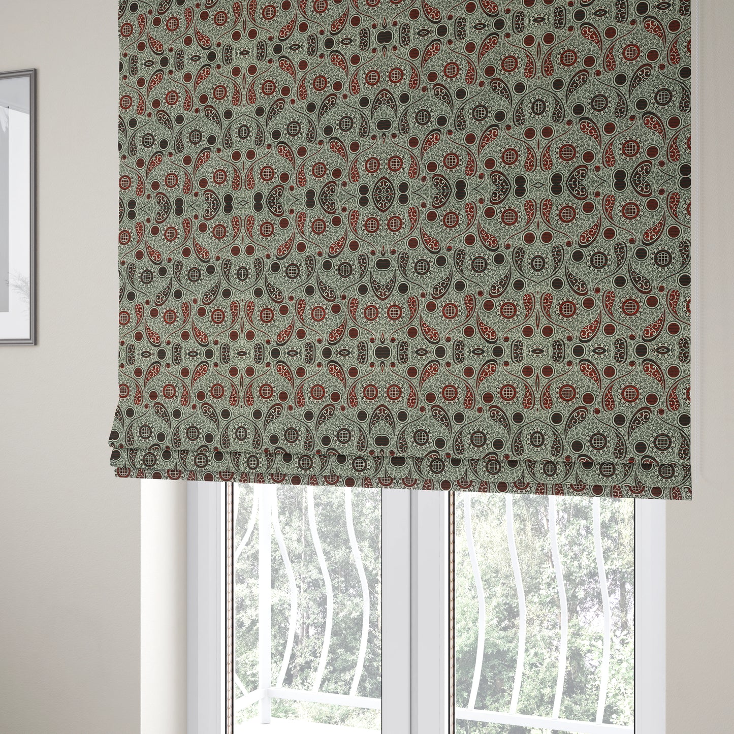 Wasilla Upholstery Furnishing Pattern Fabrics Paisley Damask In Red Black CTR-608 - Roman Blinds