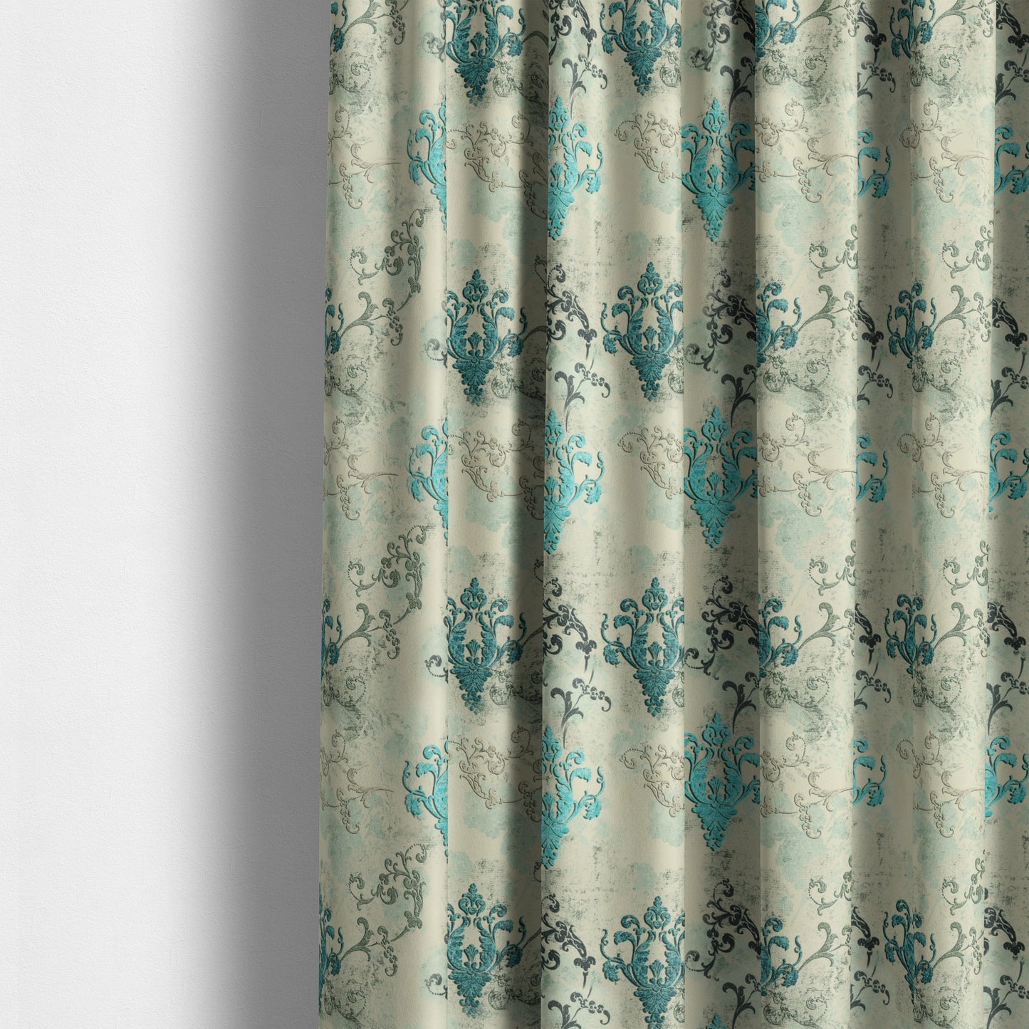 Freedom Printed Velvet Fabric Collection Damask Pattern In Blue Colour Upholstery Fabric CTR-61 - Made To Measure Curtains