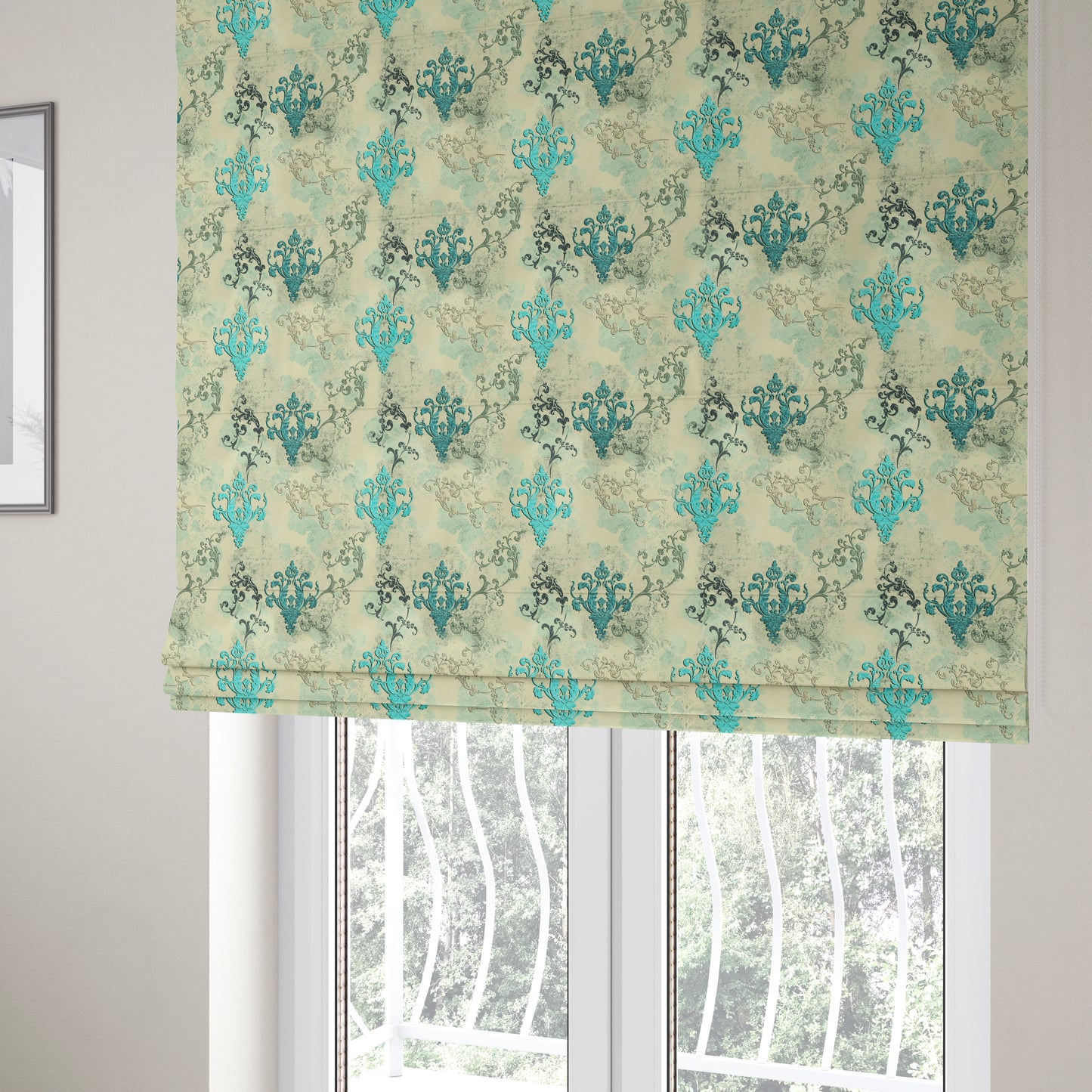 Freedom Printed Velvet Fabric Collection Damask Pattern In Blue Colour Upholstery Fabric CTR-61 - Roman Blinds