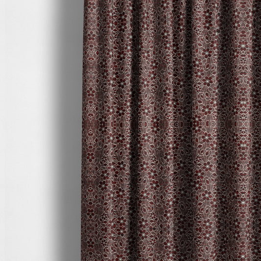 Davina Floral Pattern Textured Chenille Upholstery Curtain Fabric Burgundy Colour CTR-616 - Made To Measure Curtains