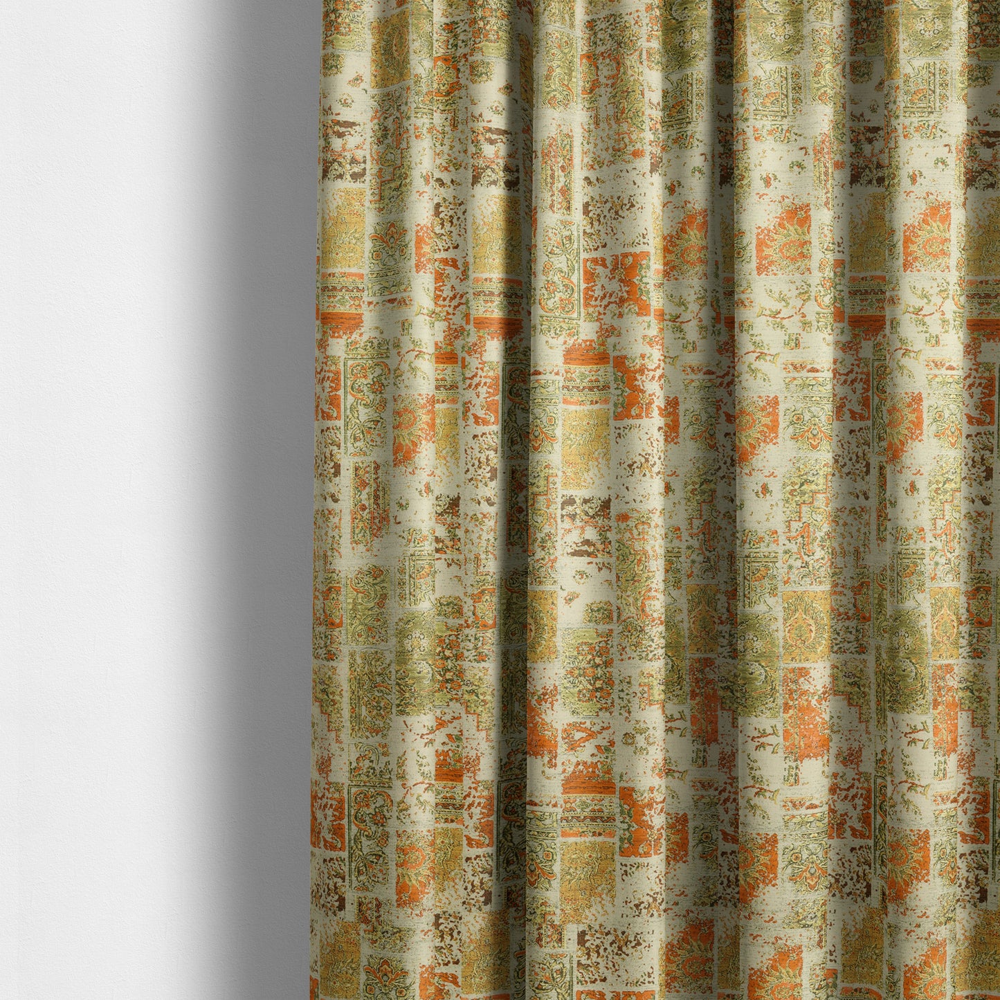 Freedom Printed Velvet Fabric Collection Patchwork Traditional Pattern In Orange Green Colour Upholstery Fabric CTR-62 - Made To Measure Curtains