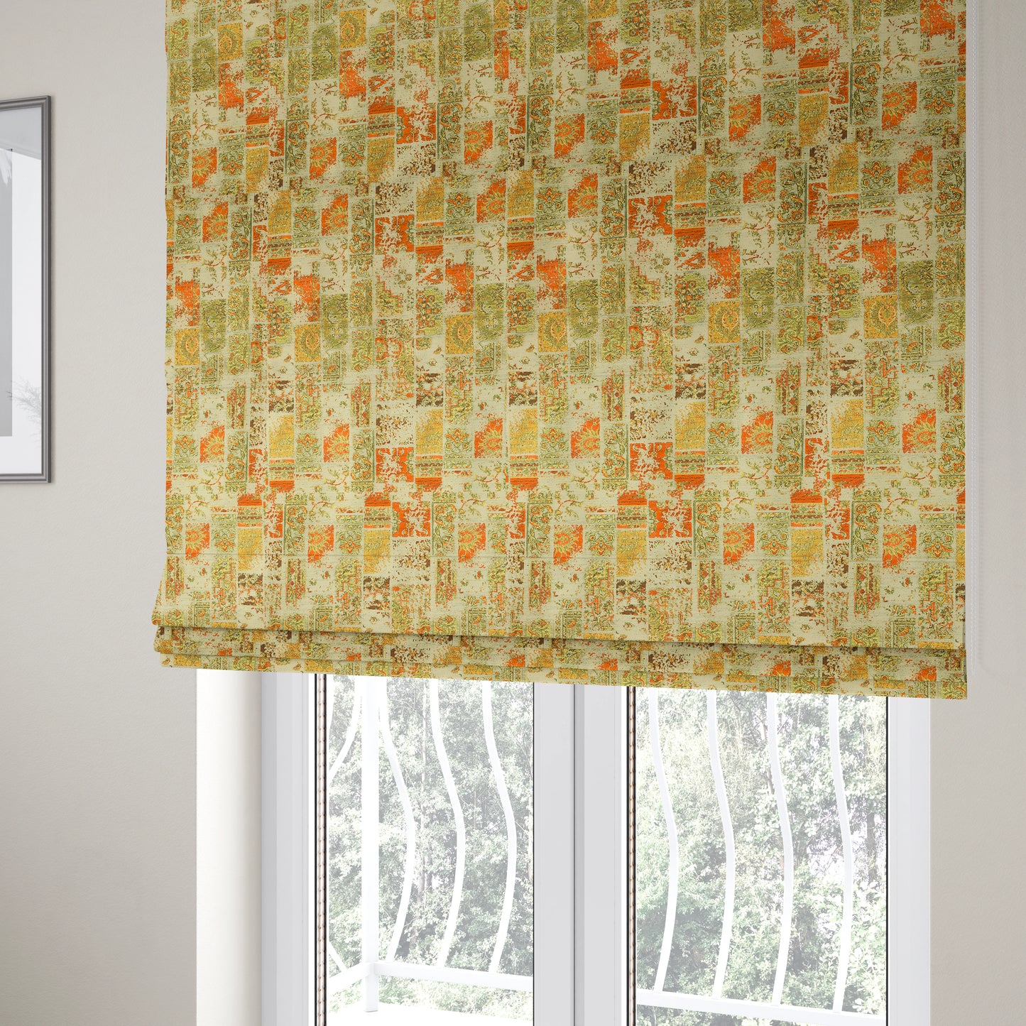 Freedom Printed Velvet Fabric Collection Patchwork Traditional Pattern In Orange Green Colour Upholstery Fabric CTR-62 - Roman Blinds