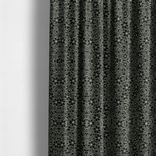 Davina Floral Pattern Textured Chenille Upholstery Curtain Fabric Black Colour CTR-620 - Made To Measure Curtains