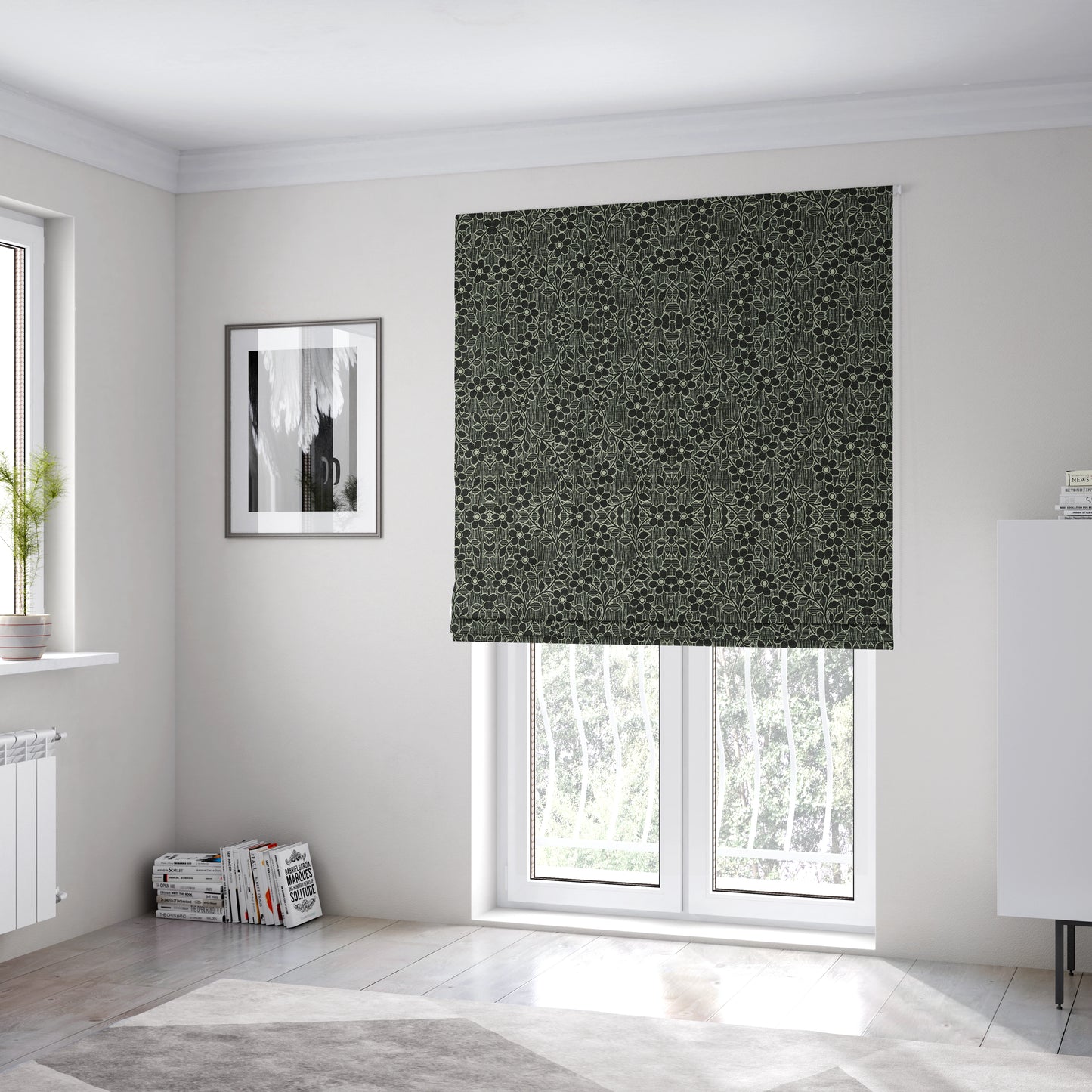 Davina Floral Pattern Textured Chenille Upholstery Curtain Fabric Black Colour CTR-620 - Roman Blinds