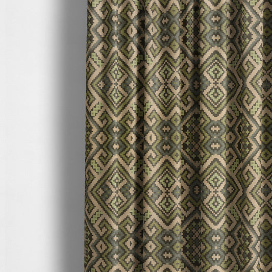 Inegal Modern Kilim Tetris Geometric Pattern Upholstery Furnishing Fabric In Green CTR-633 - Made To Measure Curtains