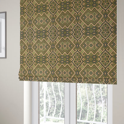 Inegal Modern Kilim Tetris Geometric Pattern Upholstery Furnishing Fabric In Green CTR-633 - Roman Blinds