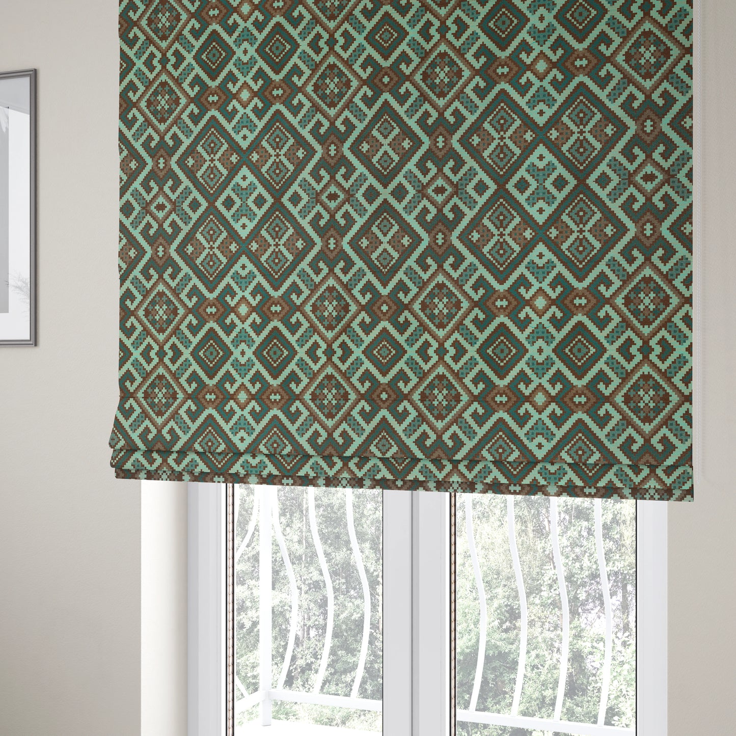 Inegal Modern Kilim Tetris Geometric Pattern Upholstery Furnishing Fabric In Blue CTR-634 - Roman Blinds