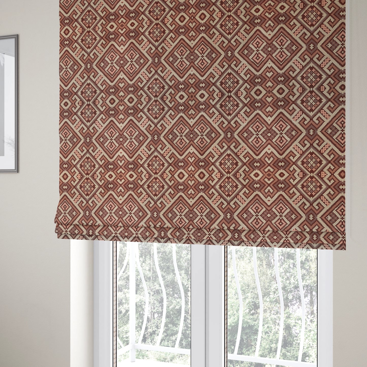 Inegal Modern Kilim Tetris Geometric Pattern Upholstery Furnishing Fabric In Pink CTR-635 - Roman Blinds