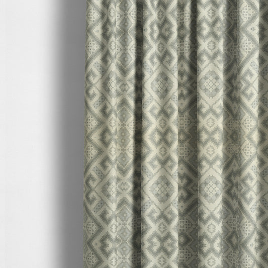 Inegal Modern Kilim Tetris Geometric Pattern Upholstery Furnishing Fabric In Silver CTR-636 - Made To Measure Curtains