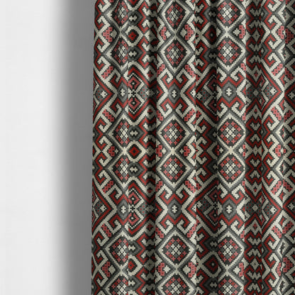 Inegal Modern Kilim Tetris Geometric Pattern Upholstery Furnishing Fabric In Black Red CTR-637 - Made To Measure Curtains