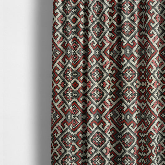 Inegal Modern Kilim Tetris Geometric Pattern Upholstery Furnishing Fabric In Black Red CTR-637 - Made To Measure Curtains