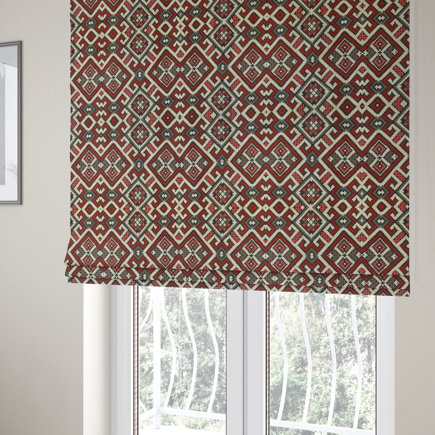 Inegal Modern Kilim Tetris Geometric Pattern Upholstery Furnishing Fabric In Black Red CTR-637 - Roman Blinds