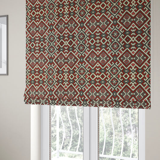 Inegal Modern Kilim Tetris Geometric Pattern Upholstery Furnishing Fabric In Black Red CTR-637 - Roman Blinds