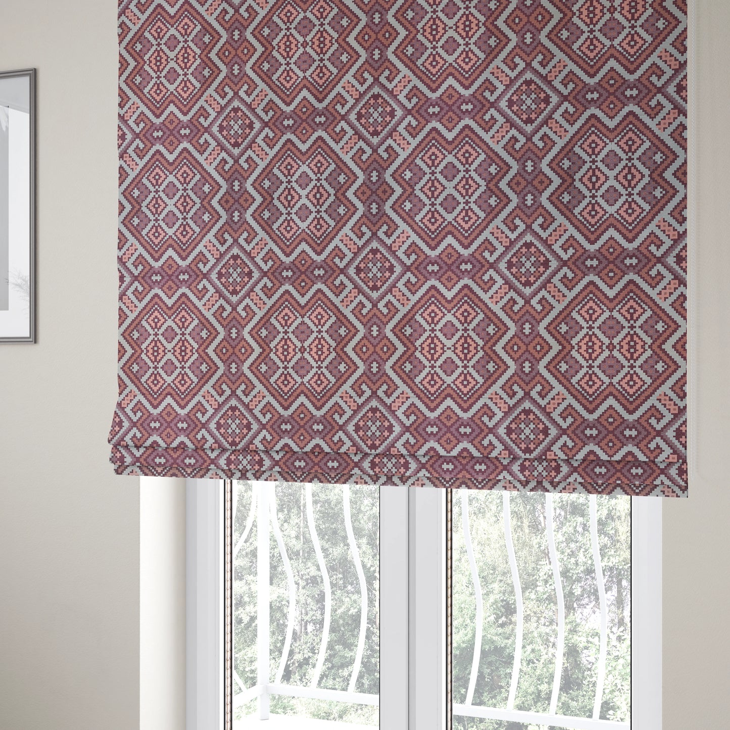 Inegal Modern Kilim Tetris Geometric Pattern Upholstery Furnishing Fabric In Purple Pink CTR-638 - Roman Blinds