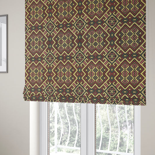 Inegal Modern Kilim Tetris Geometric Pattern Upholstery Furnishing Fabric In Black Beige Pink CTR-639 - Roman Blinds