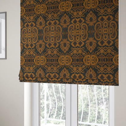 Menuett Floral Damask Pattern Upholstery Curtain Furnishing Fabric In Black Gold CTR-640 - Roman Blinds